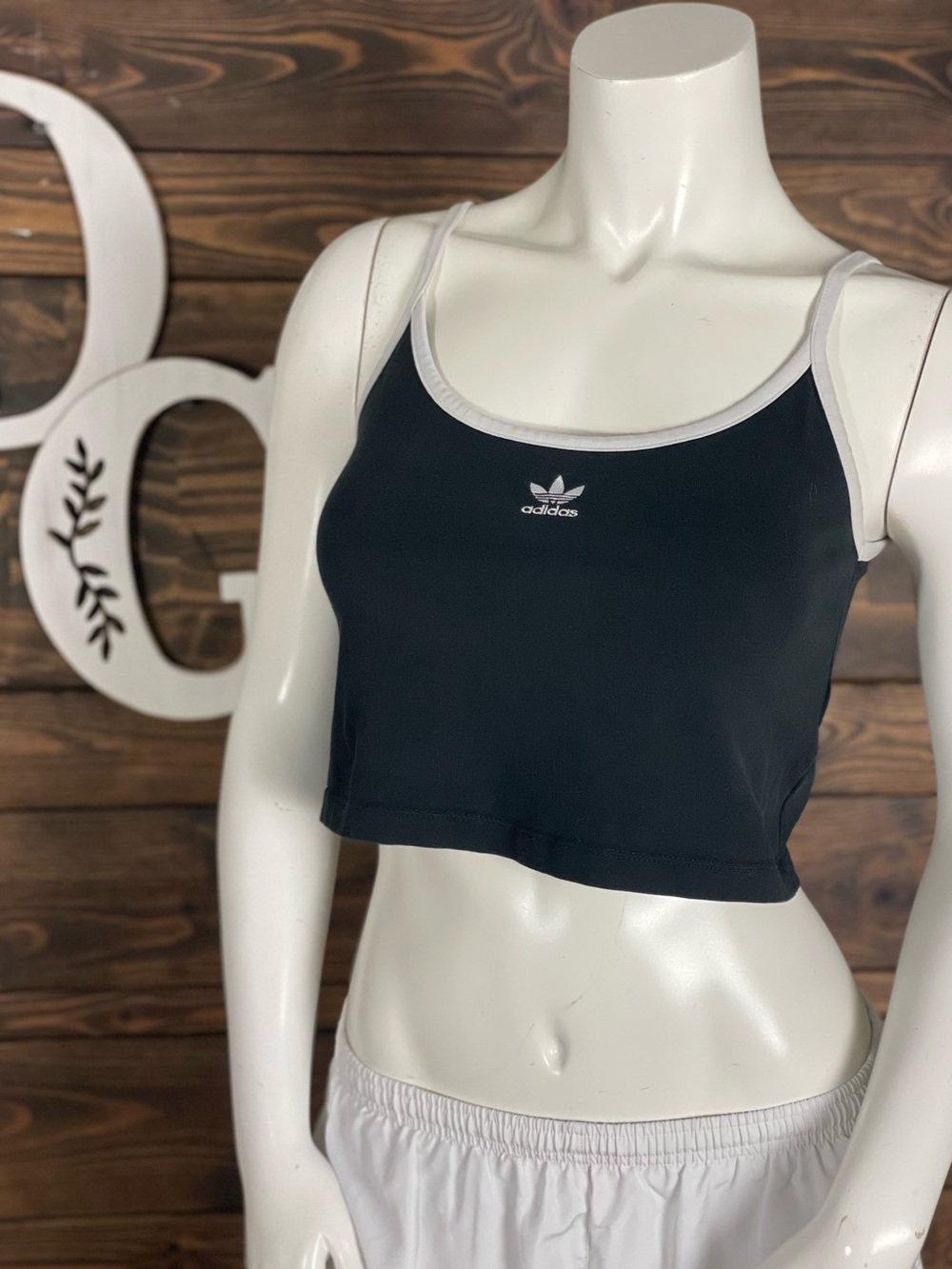 adidas Black Crop Tank Top White Trim Embroidered Trefoil Logo Womens XS - Picture 7 of 8